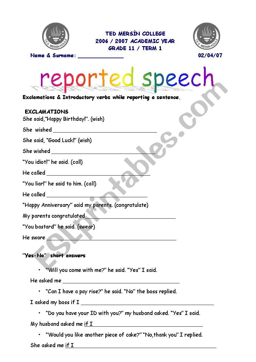 reported speech other reporting verbs exercises pdf