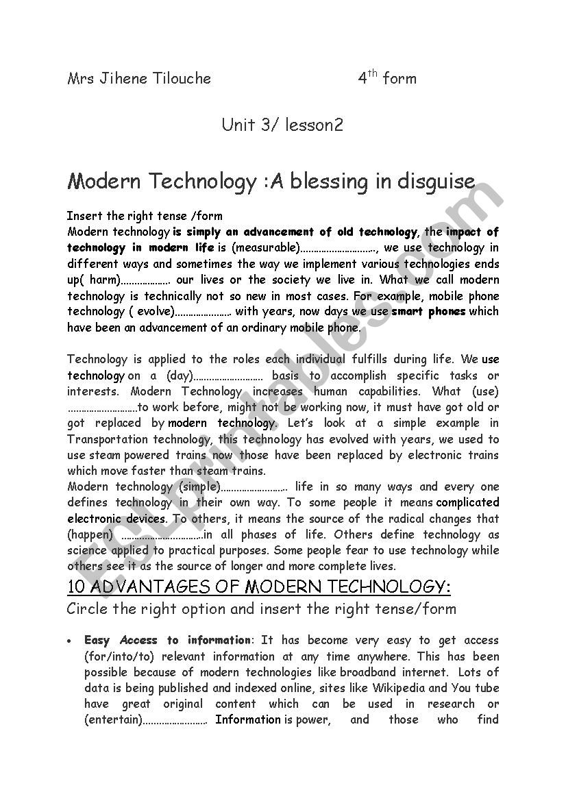 Unit 3/Lesson 2:technology :a blessing in disguise
