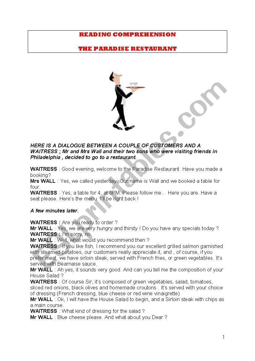 THE PARADISE RESTAURANT worksheet