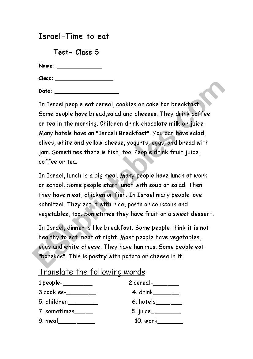 meals  worksheet