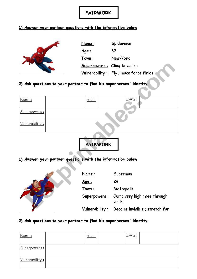 SuperheroesÂ´ Identity Pairwork / Role Play 1 and abilities (can / canÂ´t) 1/3
