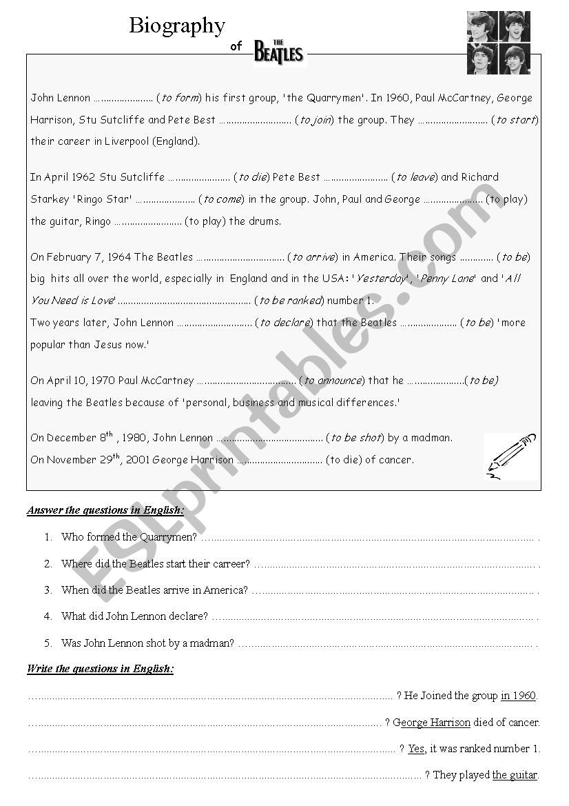 Biography of The Beatles worksheet