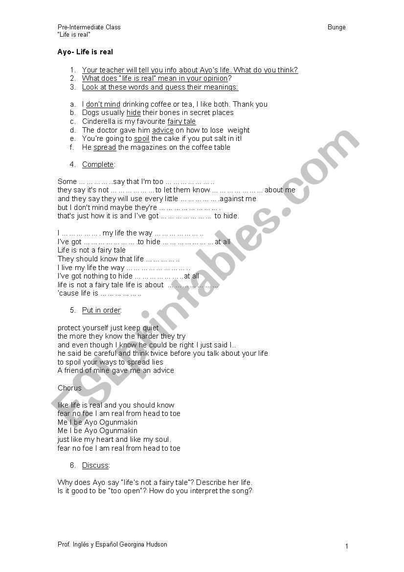 Life is real by Ayo worksheet