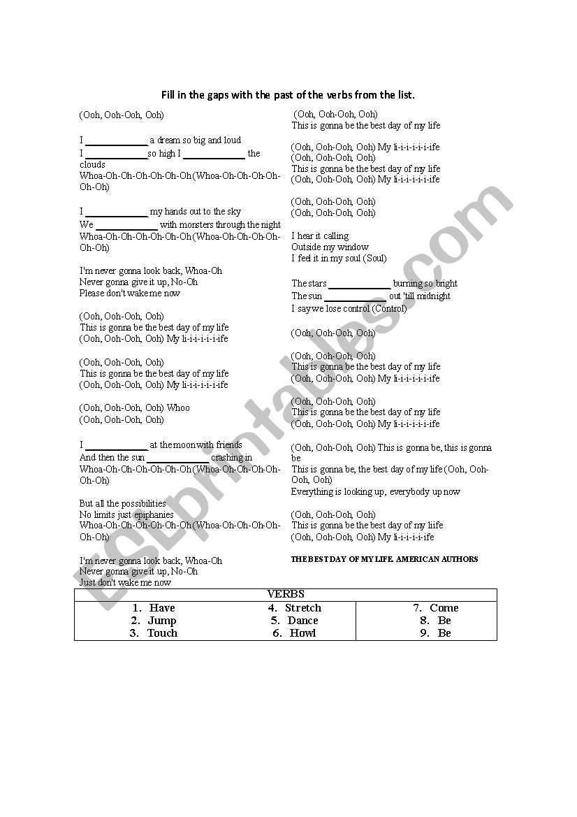 SONG WITH VERBS IN PAST worksheet