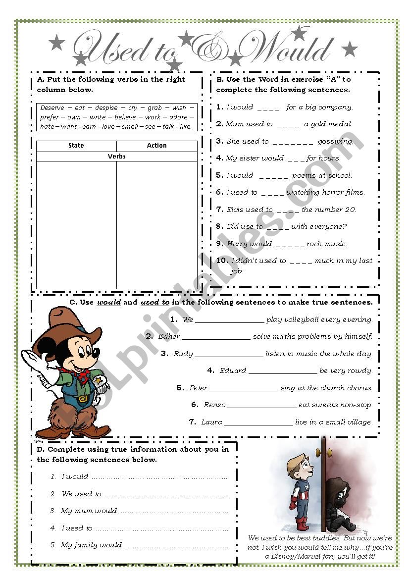 used to and would worksheet