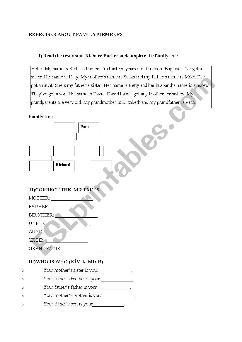 family members worksheet