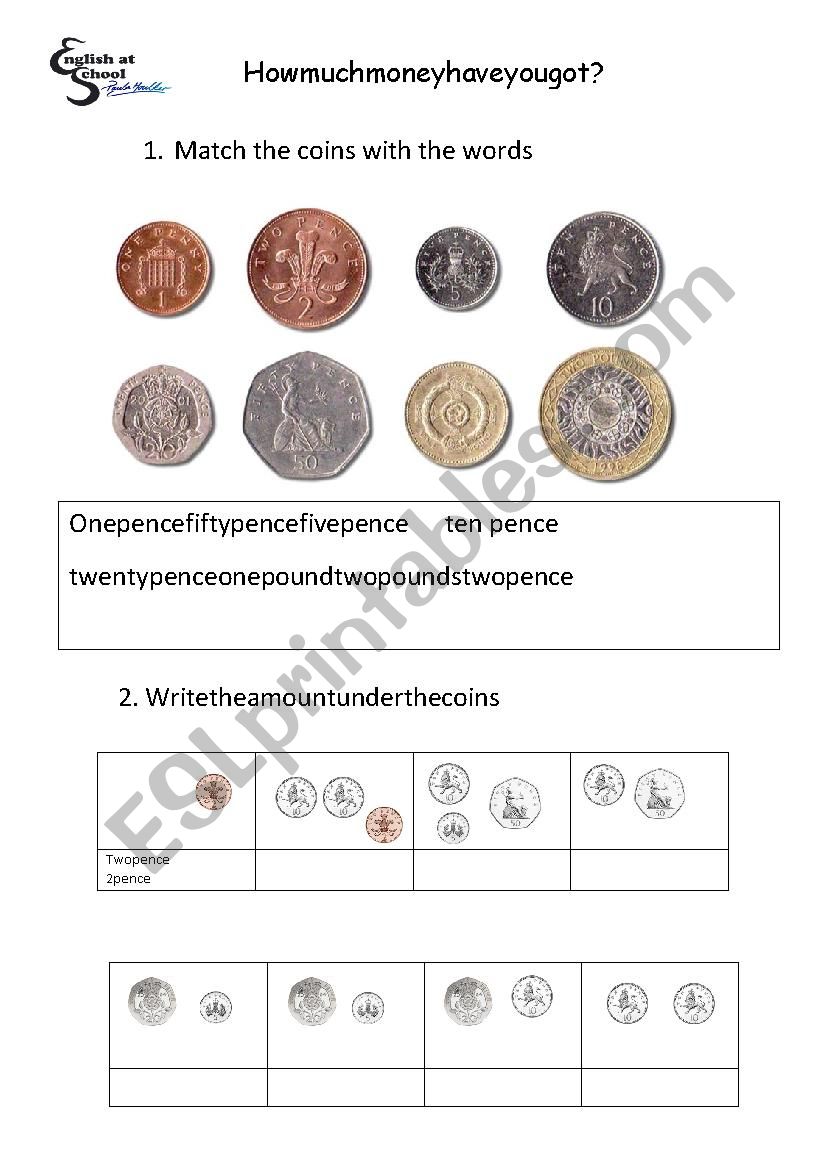 Coins and money strerling worksheet