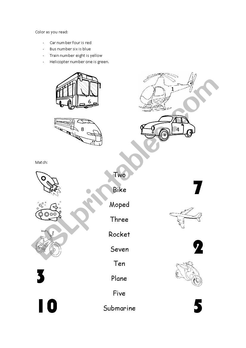 Means of transport, numbers 1-10 and colours