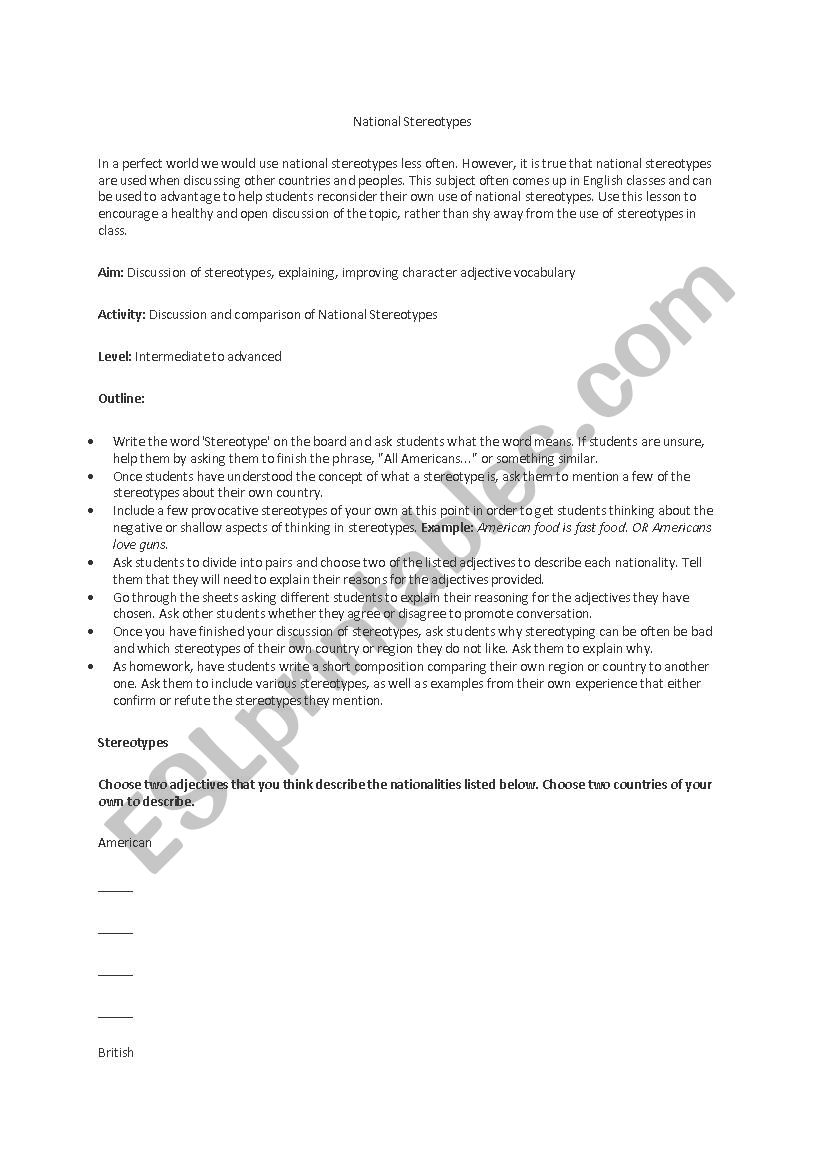 National stereotypes worksheet