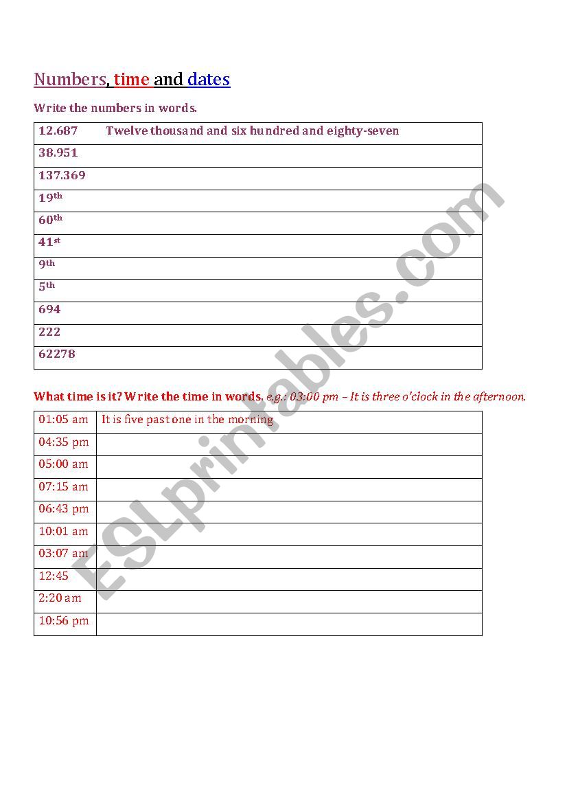Numbers and times worksheet