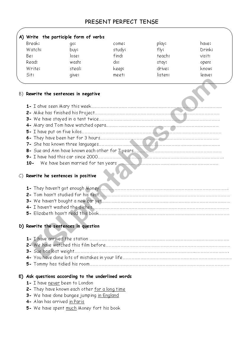 present perfect tense worksheet