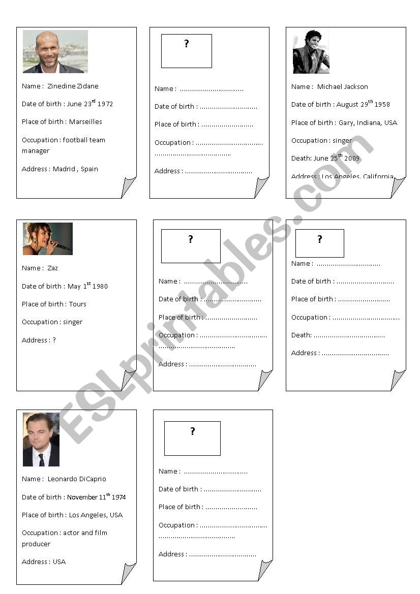 Pair work about some celebrities