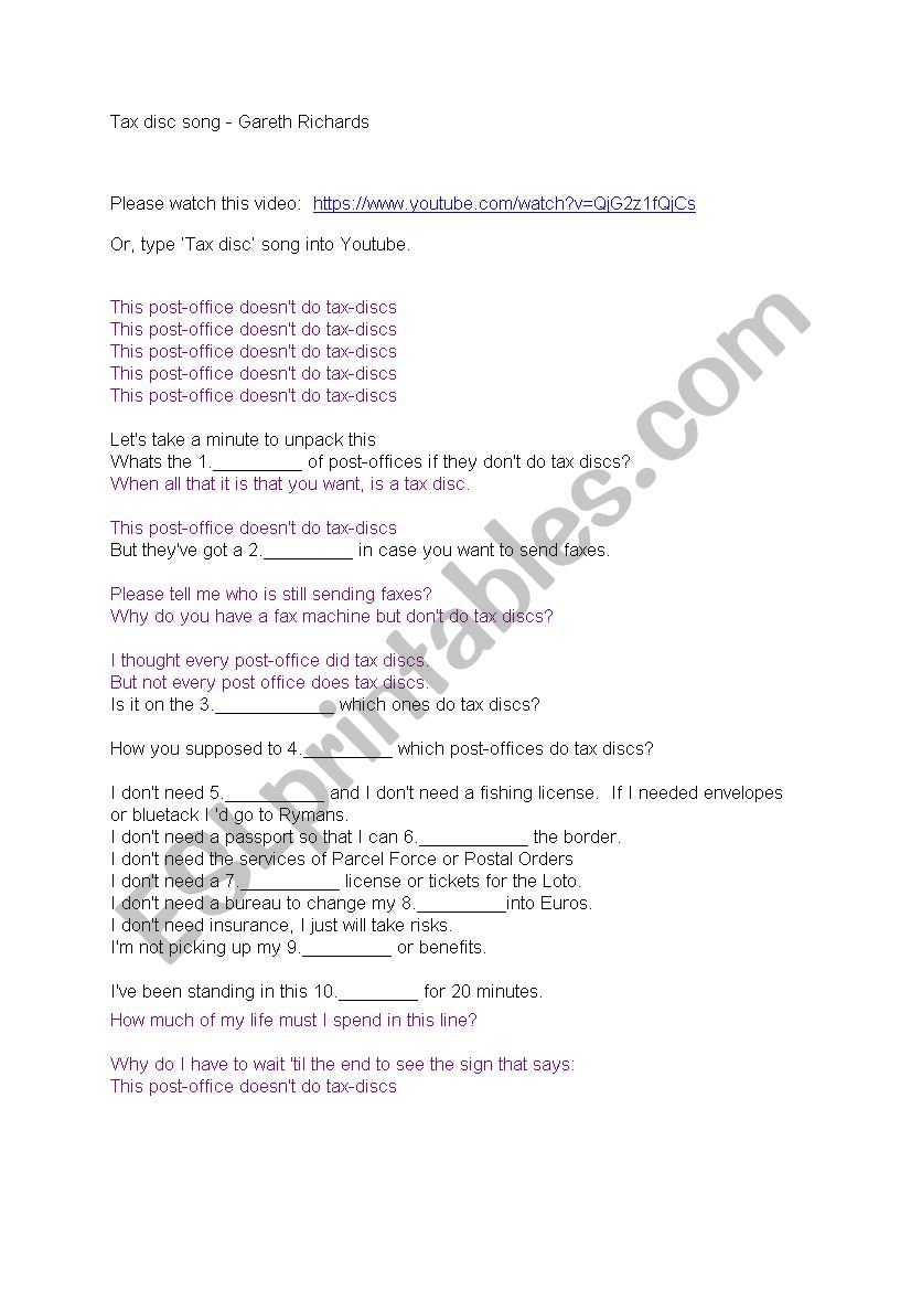 Tax disc song  worksheet