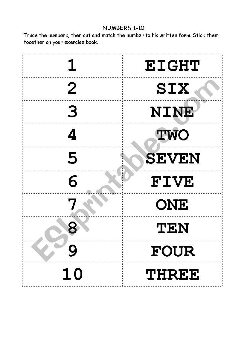 trace, cut and paste numbers from 1 to 10