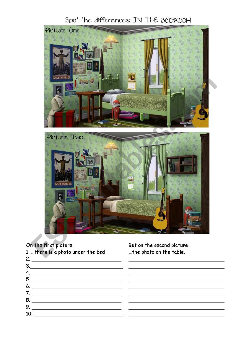 Speaking for beginners/ elementary: spot the  differences IN THE BEDROOM