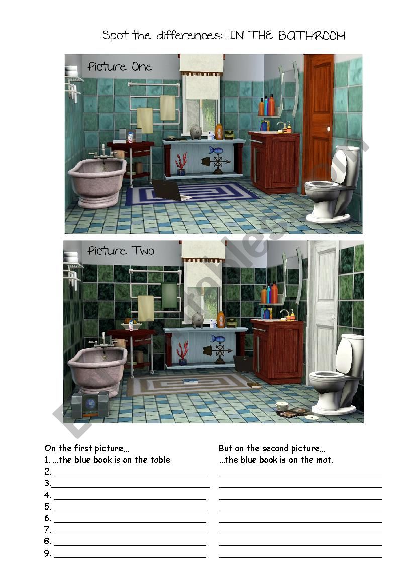 Speaking for beginners/ elementary: spot the  differences IN THE BATHROOM