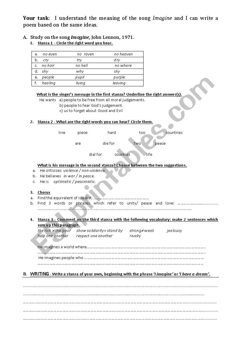 Song Imagine John Lennon worksheet