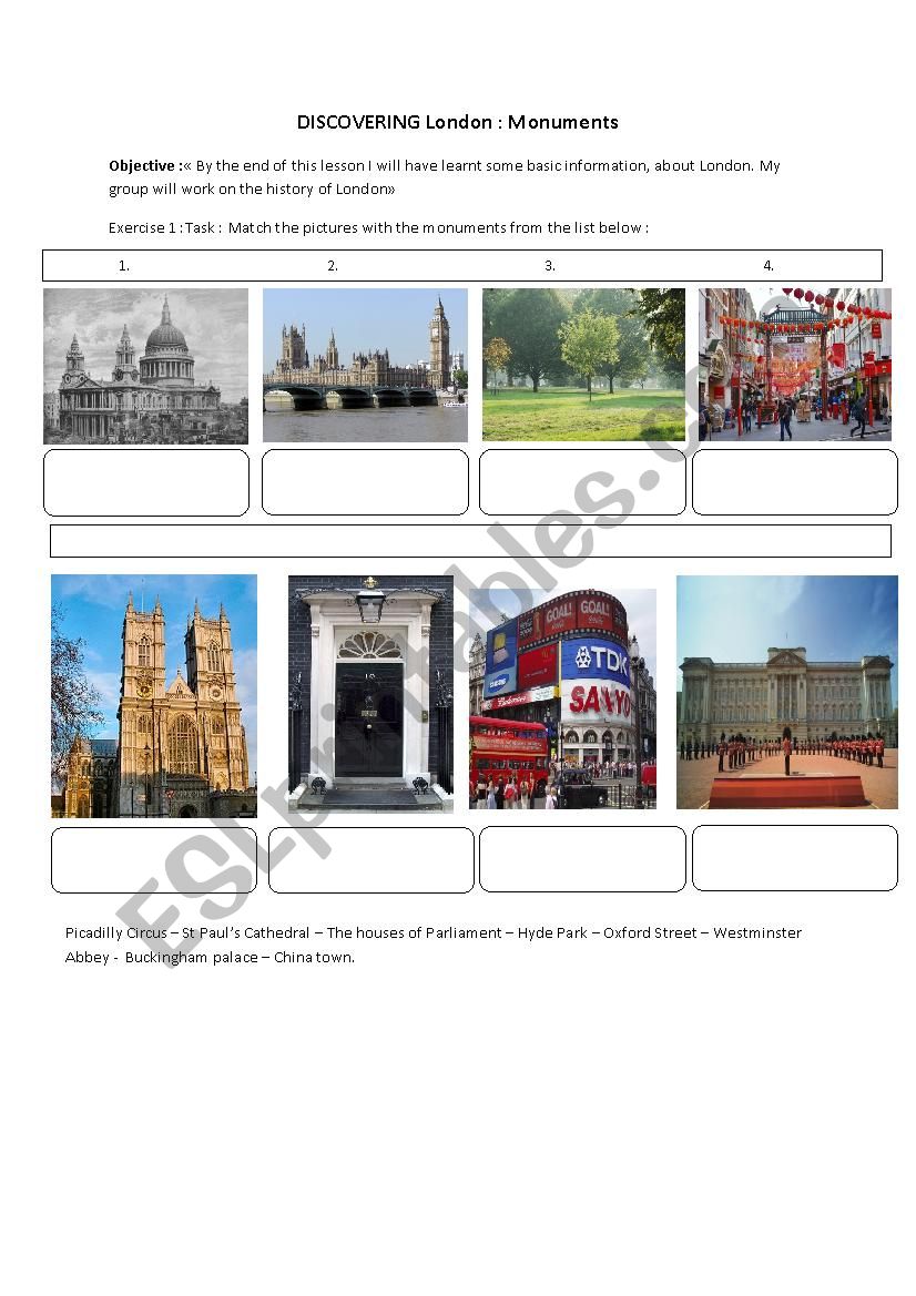 discovering London monuments worksheet