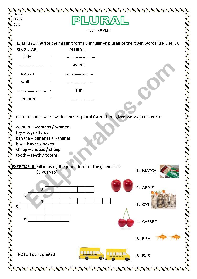 TEST PAPER PLURAL worksheet