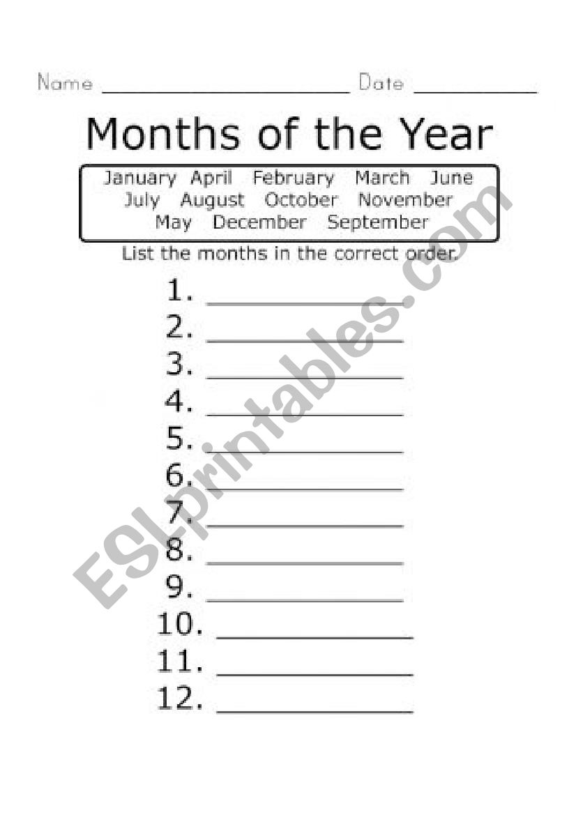 Correct Order Months worksheet