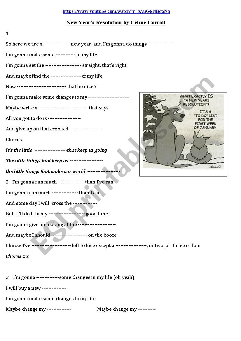 Song : New Years Resolution worksheet