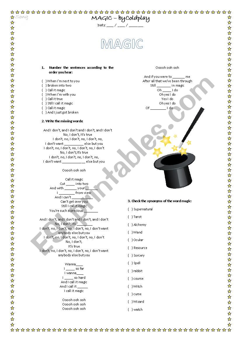 Magic (Coldplay) worksheet