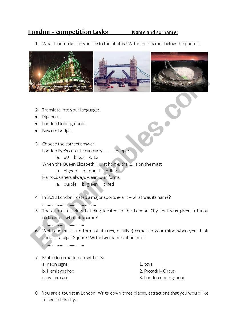 LONDON COMPETITION TASKS worksheet