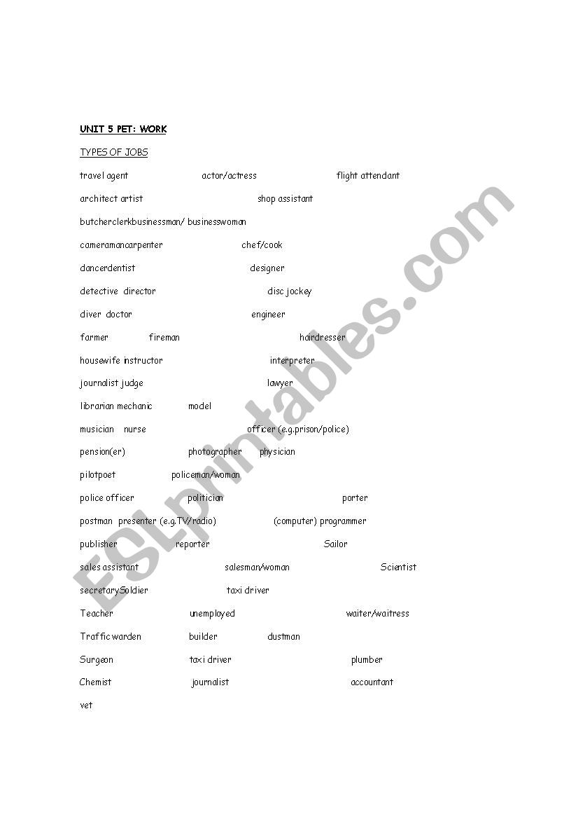  PET unit 5 vocabulary : work worksheet