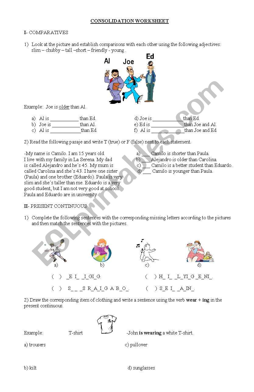 Consolidation Worksheet on Comparatives and Present Continuous