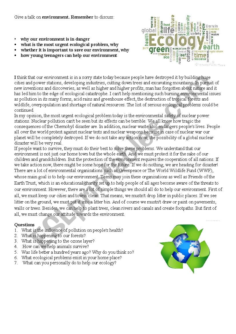 Give a talk on environment.  worksheet