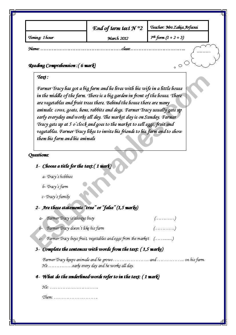 test 7th form worksheet