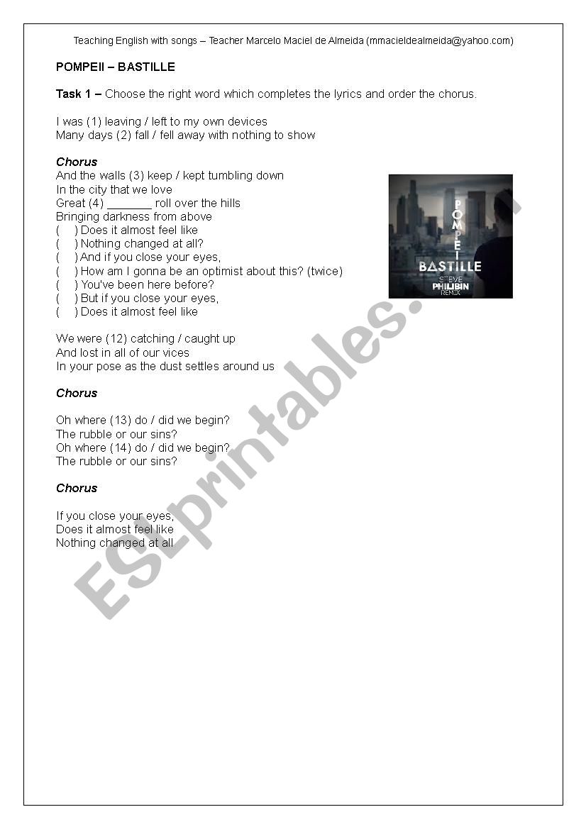 Pompeii (Bastille) worksheet