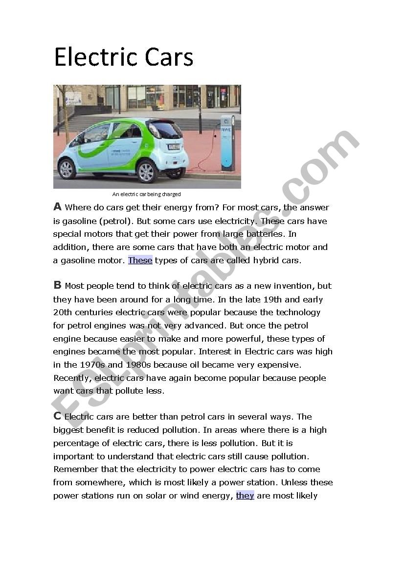 Electric Cars worksheet