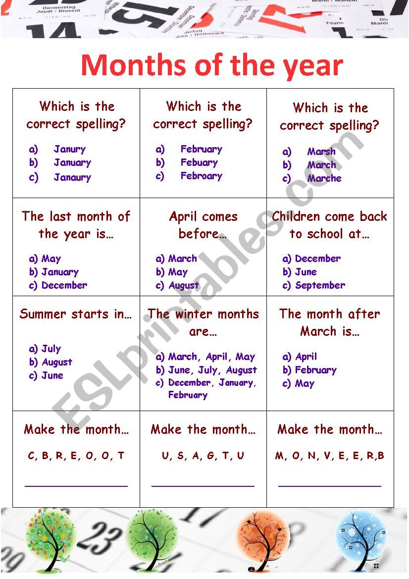 Month of the year - Multiple Choice