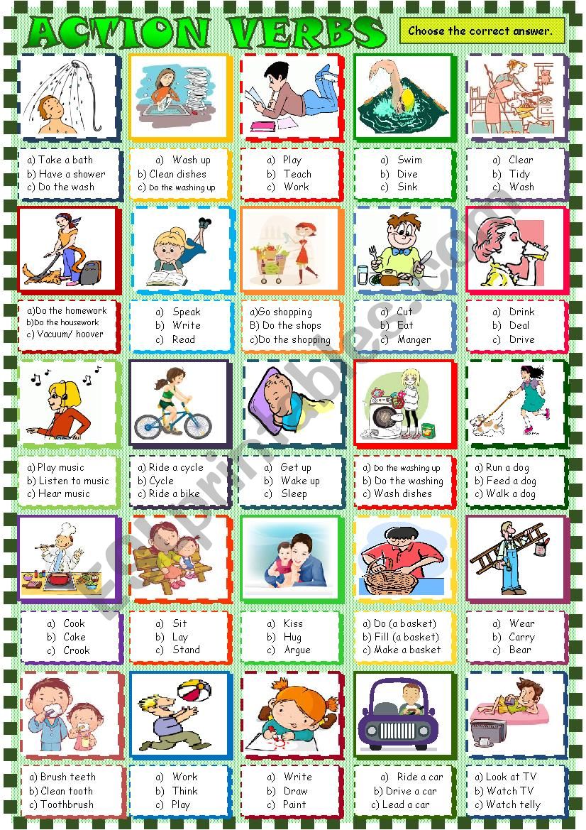 Action verbs /multiple choice worksheet