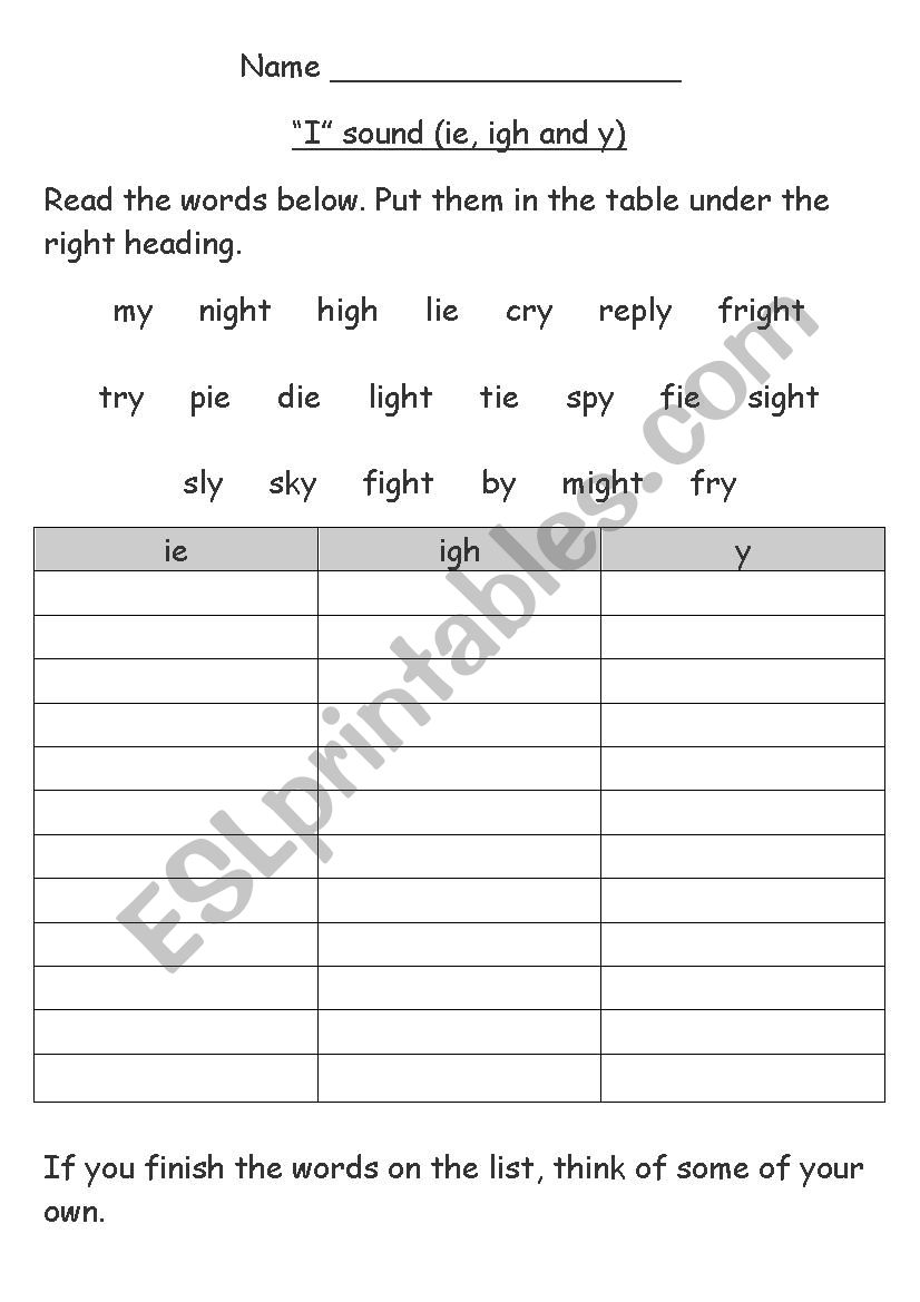 long i sound word sort worksheet