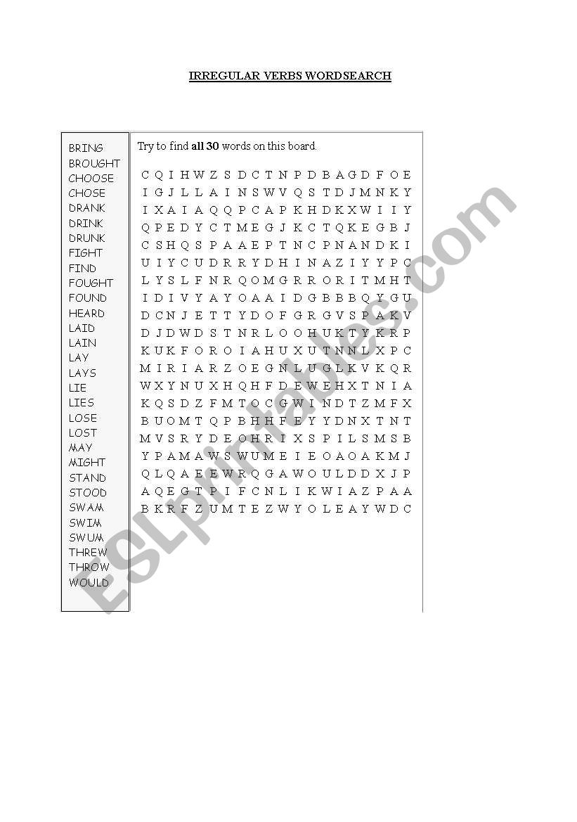 irregular verbs wordsearch worksheet