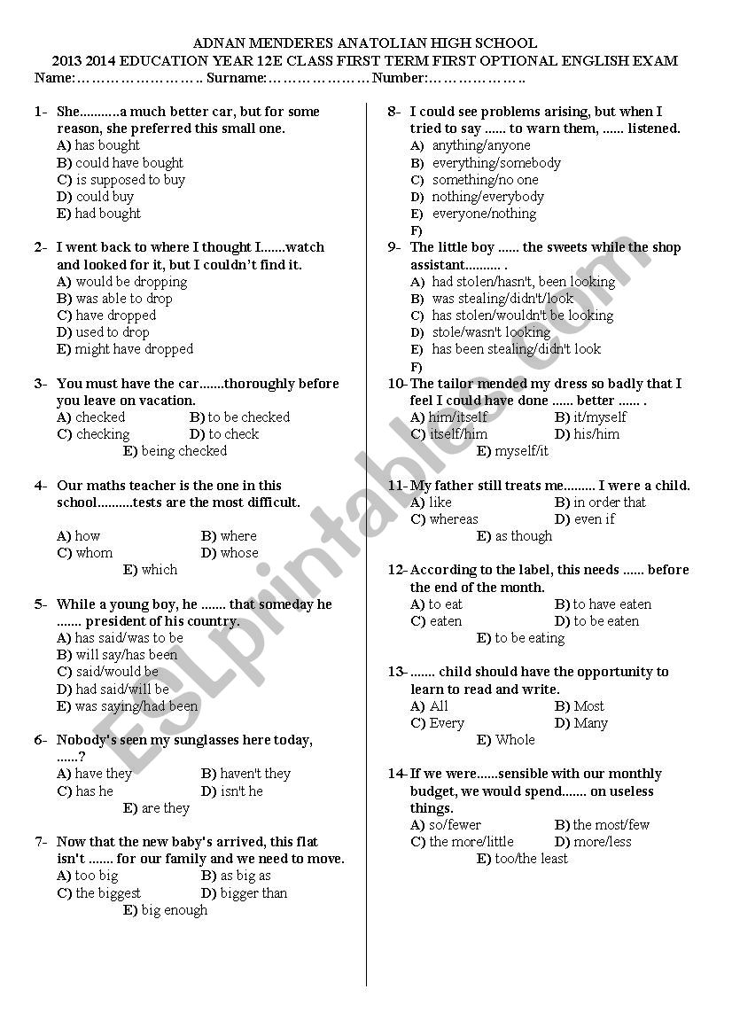 Printable 12th Grade English Worksheets