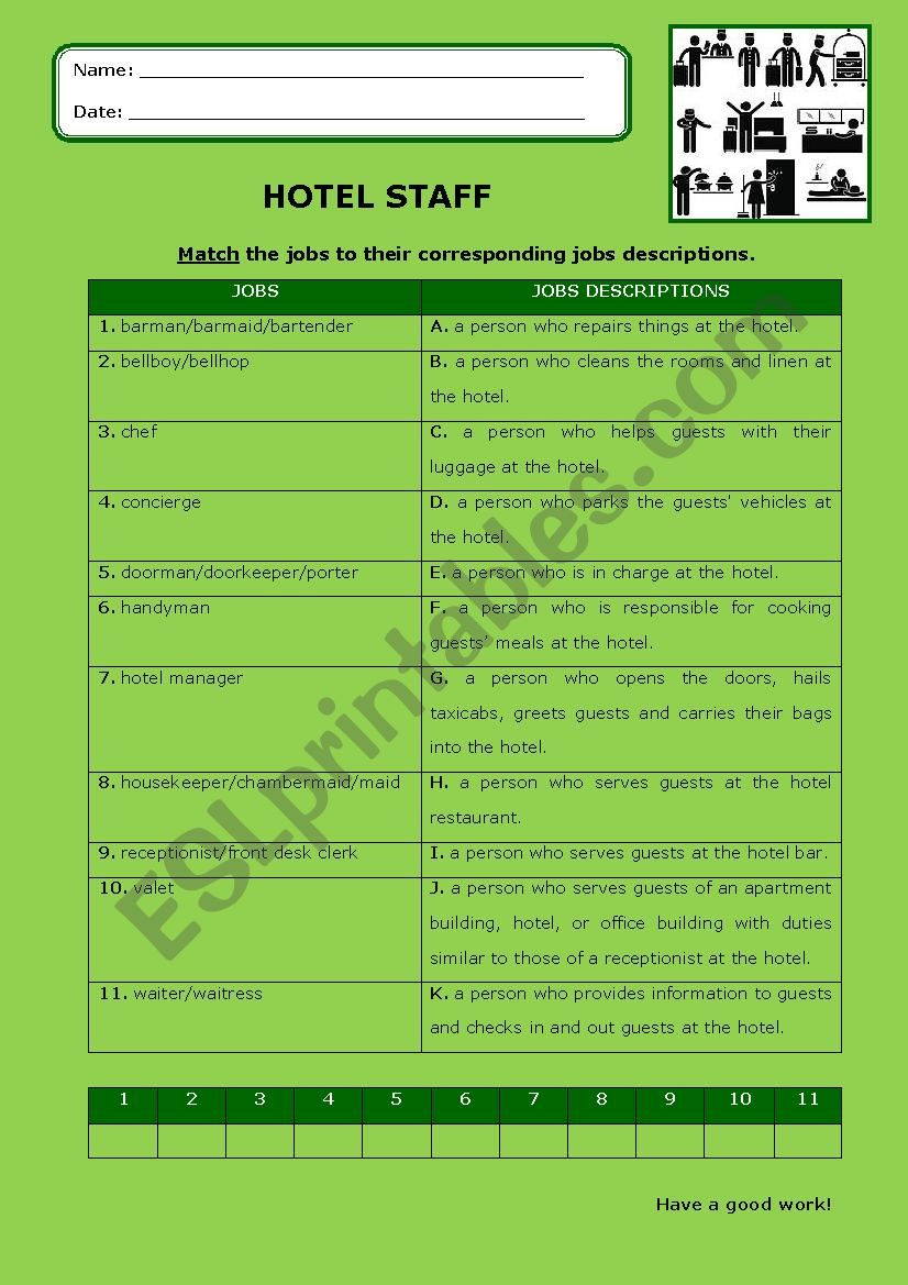 Hotel Staff:matching_1 worksheet