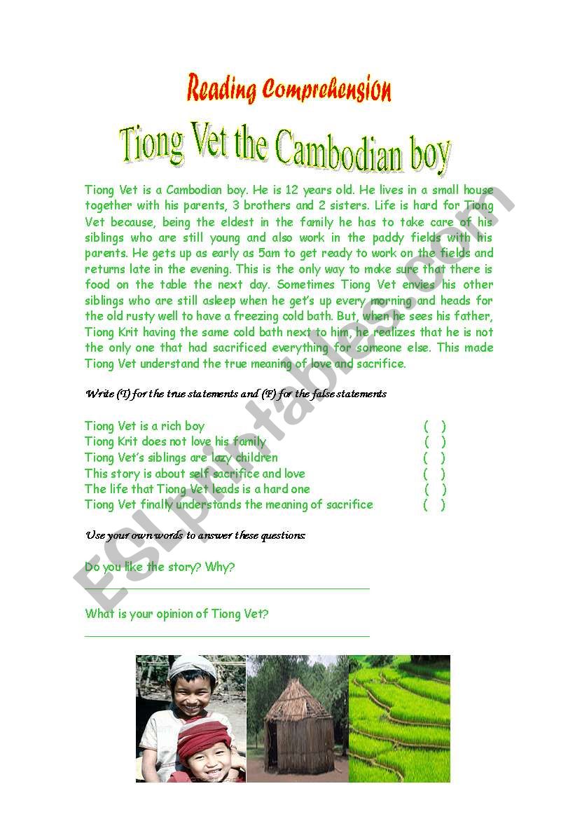 Tiong Vet the Cambodian Boy worksheet