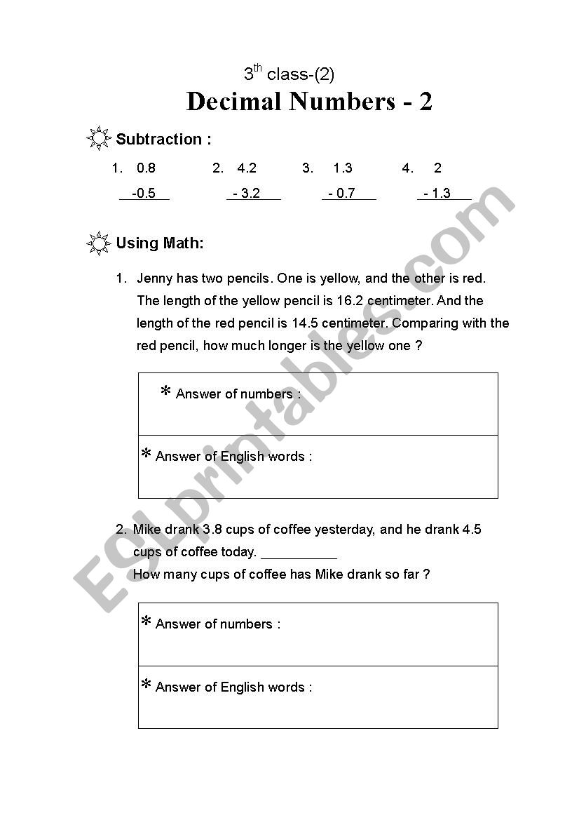 Decimal Numbers - 2 worksheet