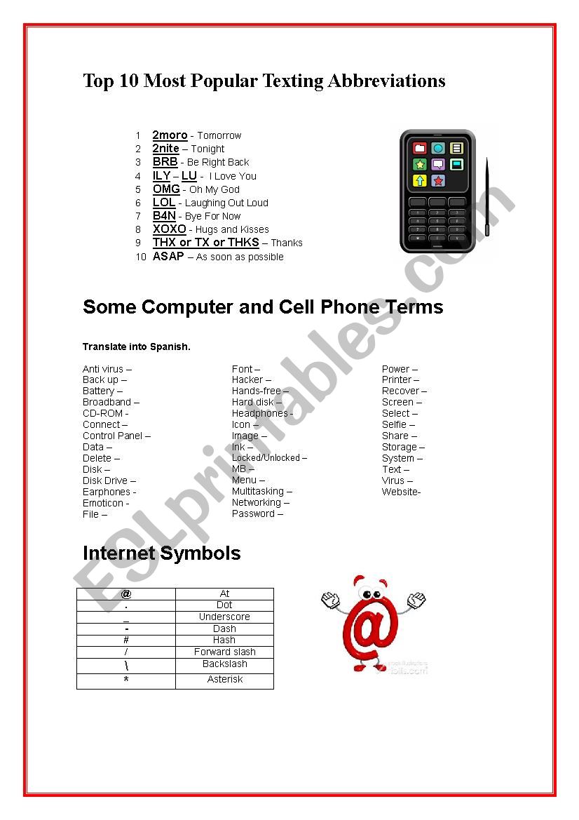 Internet and cell phone terms; Texting abbreviations