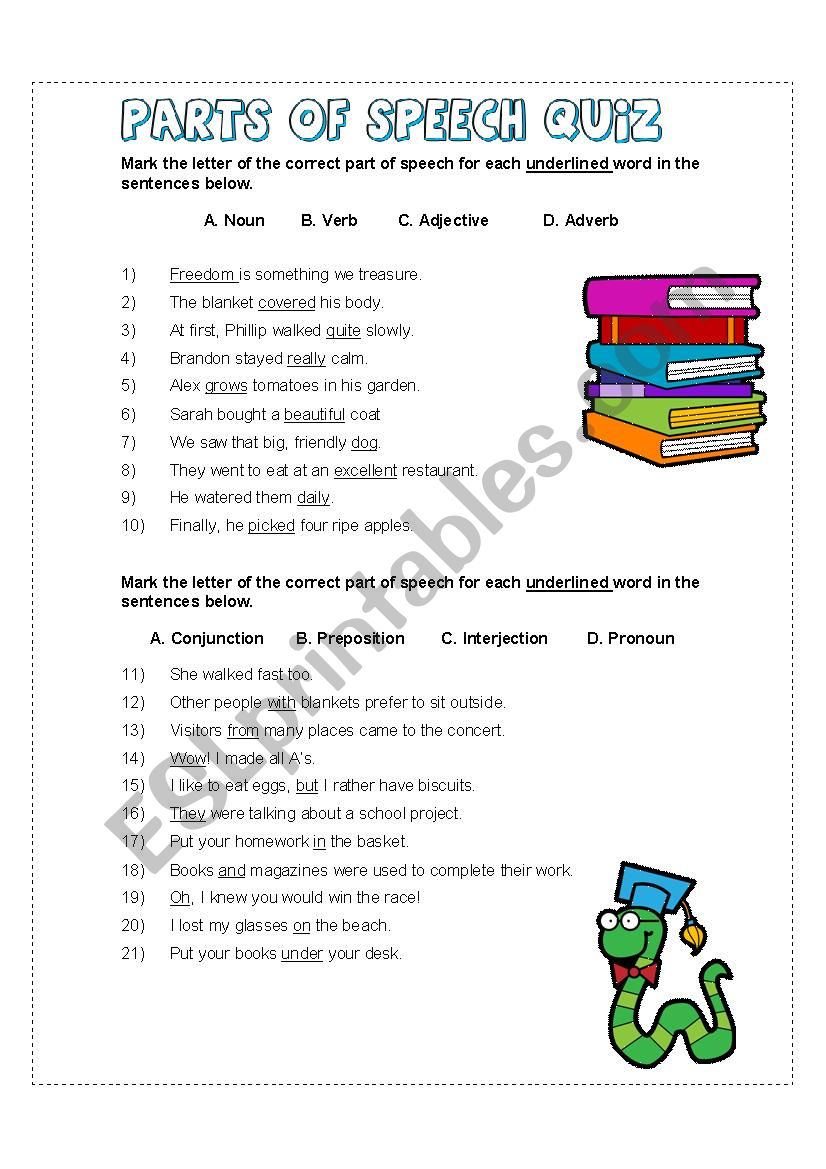 Parts of Speech Quiz worksheet