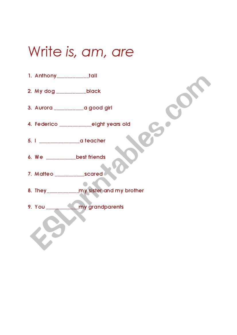 verb to be worksheet