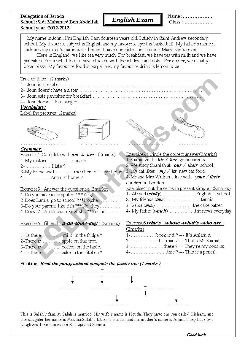 english exam worksheet