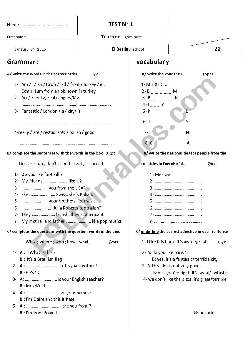 test worksheet