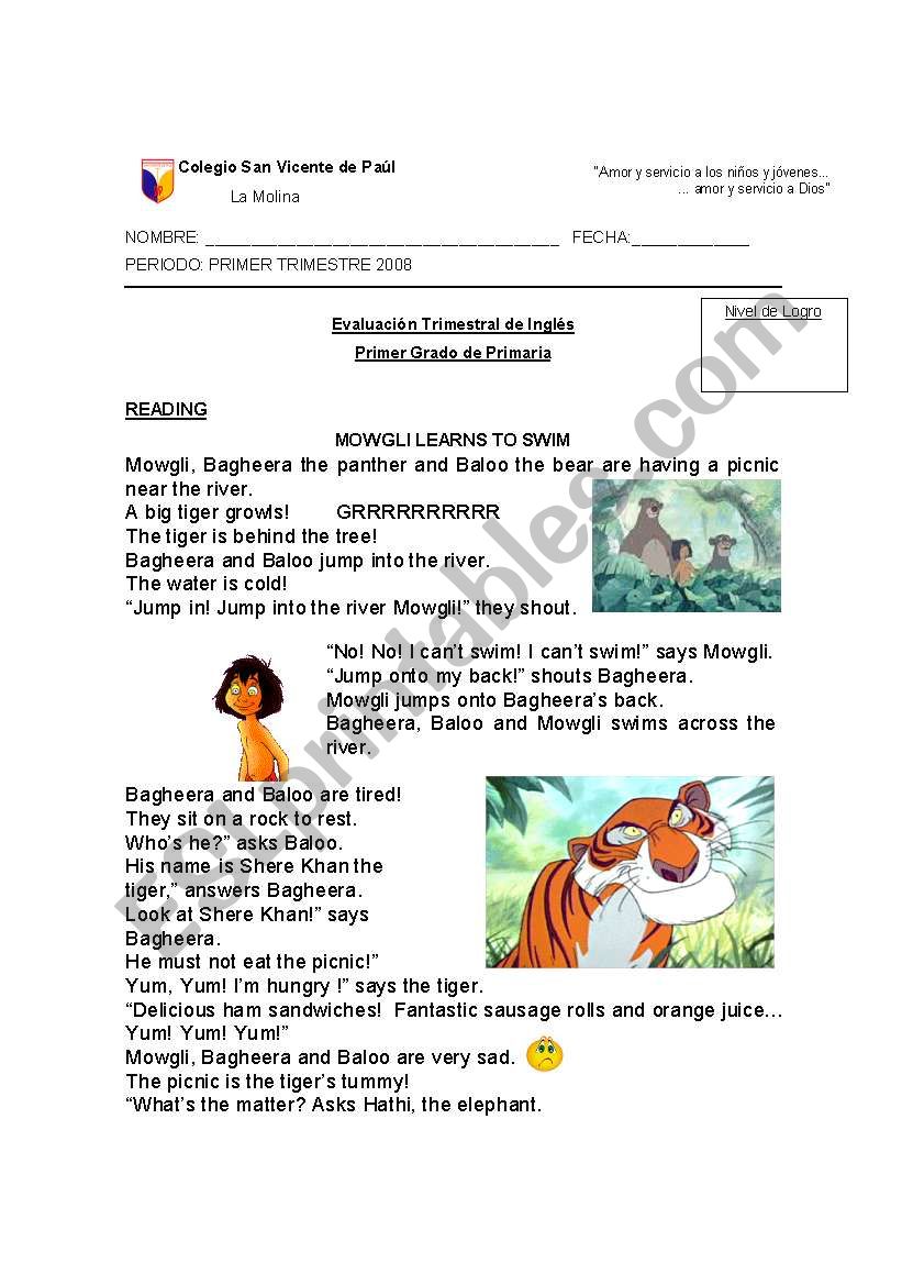 1st grade test A- reading worksheet