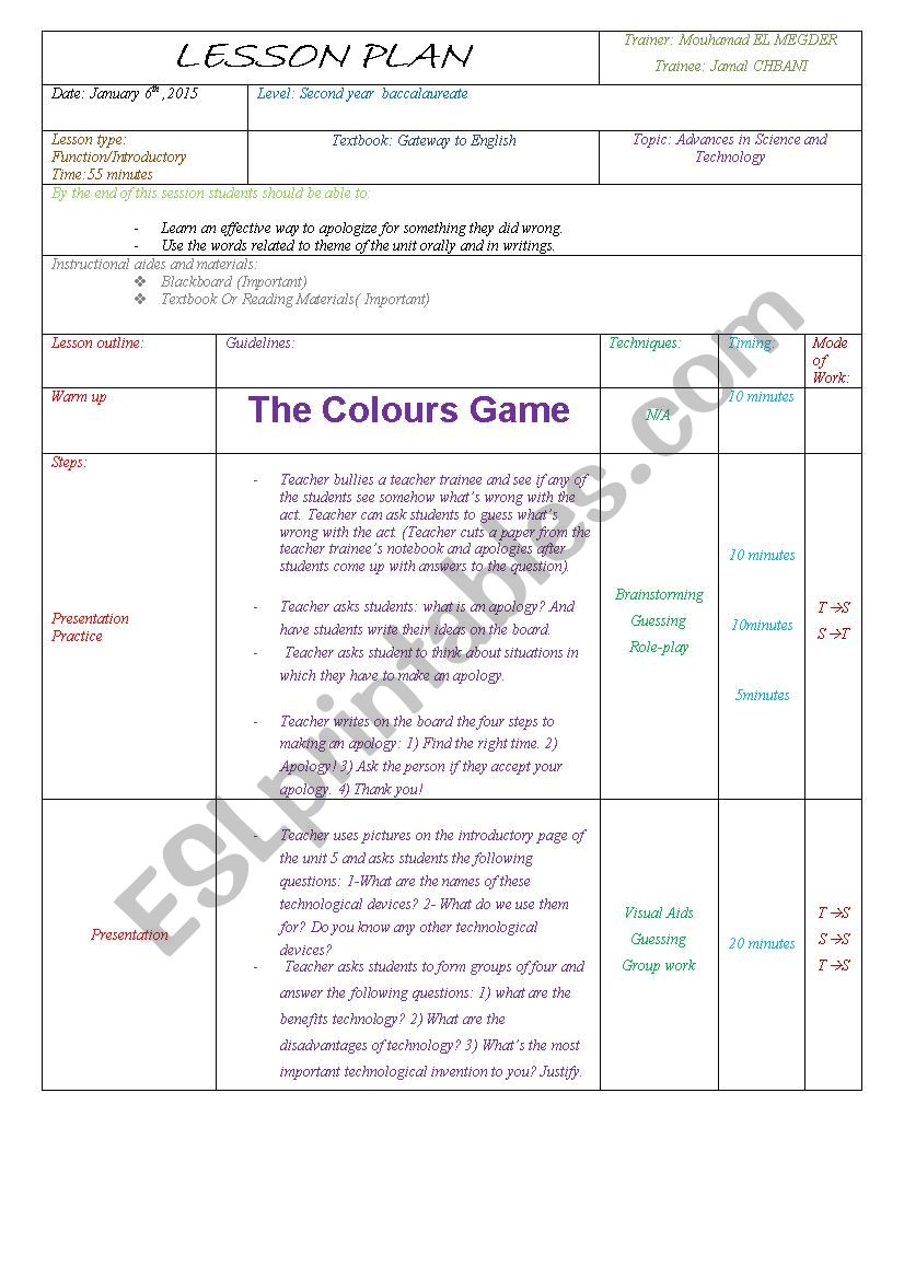 Lesson plan worksheet