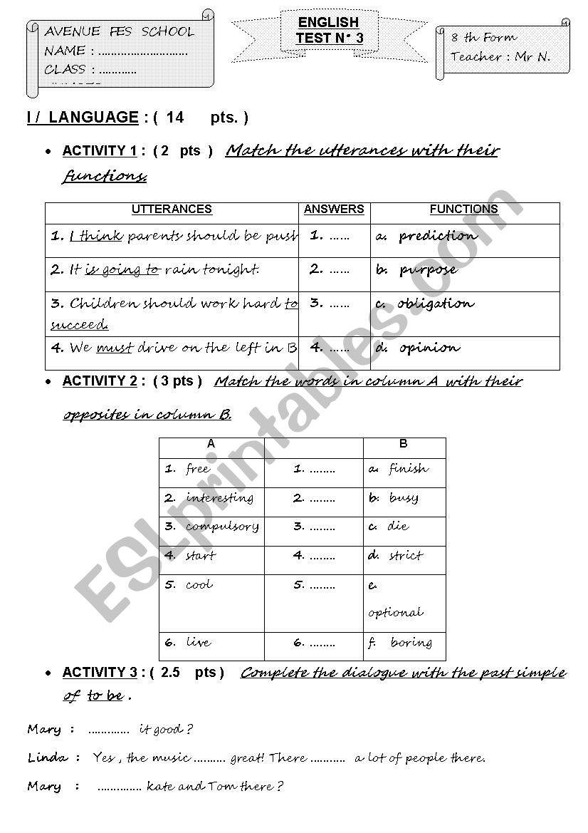 English Test Term 3 worksheet