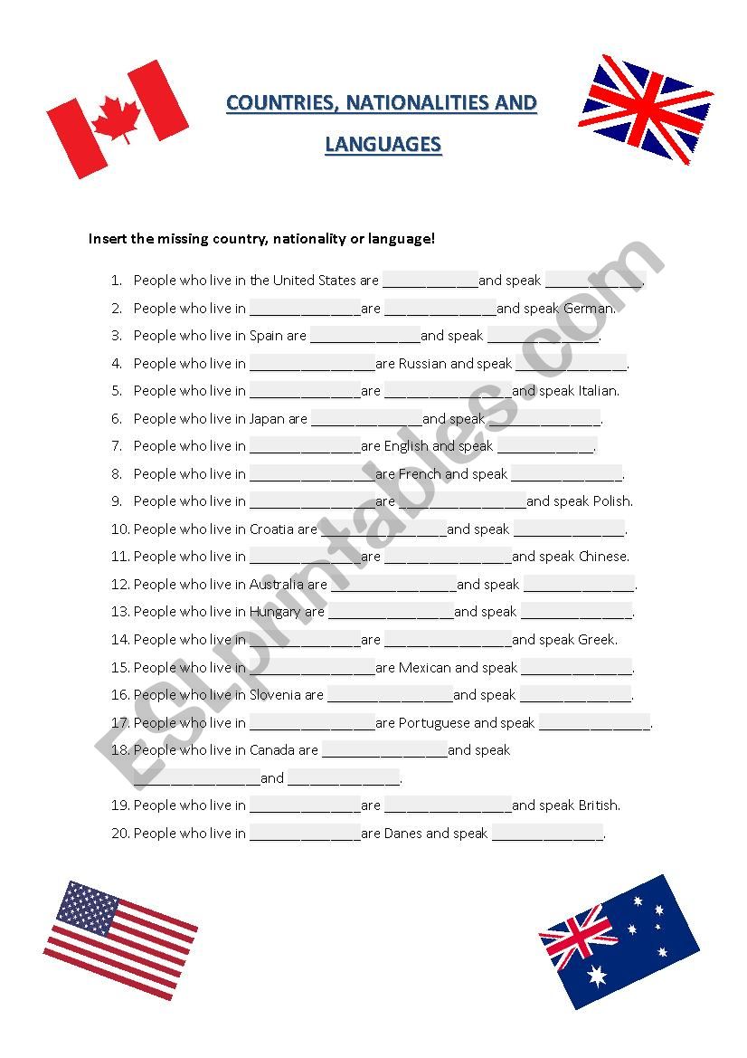 COUNTRIES, NATIONALITIES AND LANGUAGES